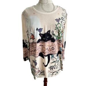 Catalog Favorites Embellished Playful Kitty 3/4 Sleeve Blouse Large